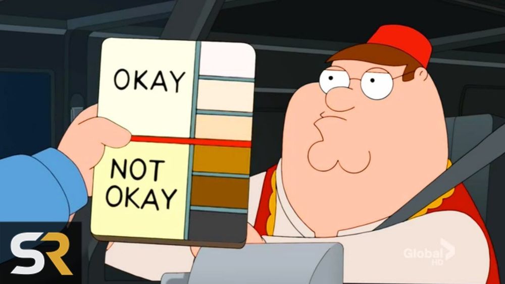 screenshot of family guy, where peter griffin dressed in islamic ethnic clothing is at a check point being checked by military officials. the hand of an official holding a paper that reads "ok" with different shades of white and "not ok" with different shades of brown