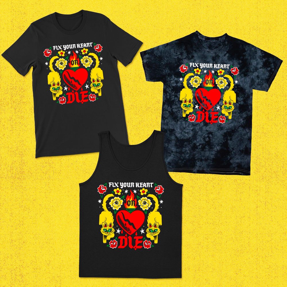 A selection of t shirts with the “Fix your heart or die” design in the previous images. The selection includes t shirts in black and black crystal wash as well as black tank top options