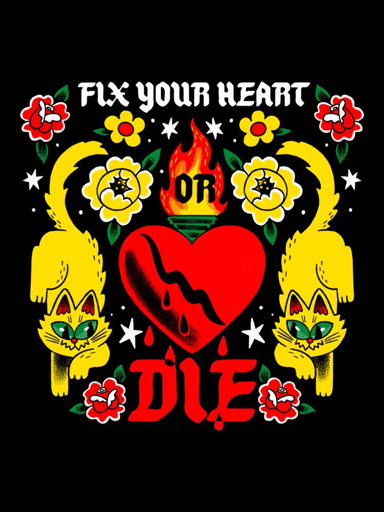 A sacred heart with the text “Fix your heart or die” with 2 yellow cats on a black tshirt