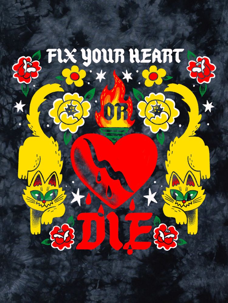 A sacred heart with the text “Fix your heart or die” with 2 yellow cats on a black crystal wash tshirt