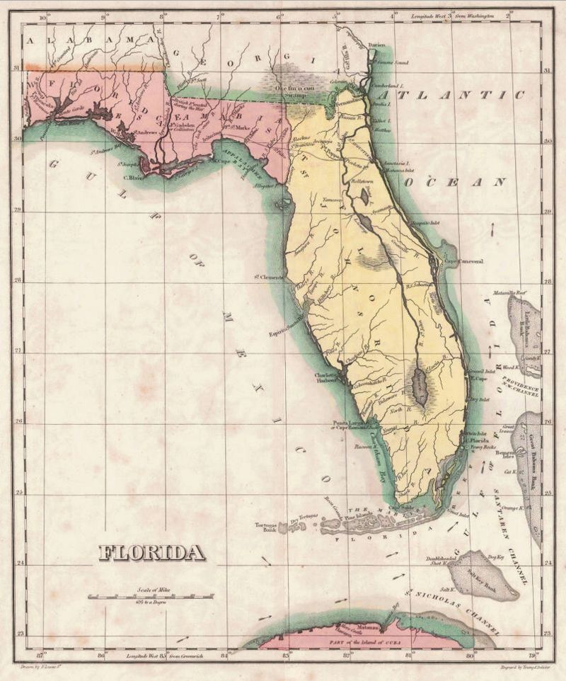 1767 map of the state of Florida depicting the state as two separate territories divided at the panhandle.