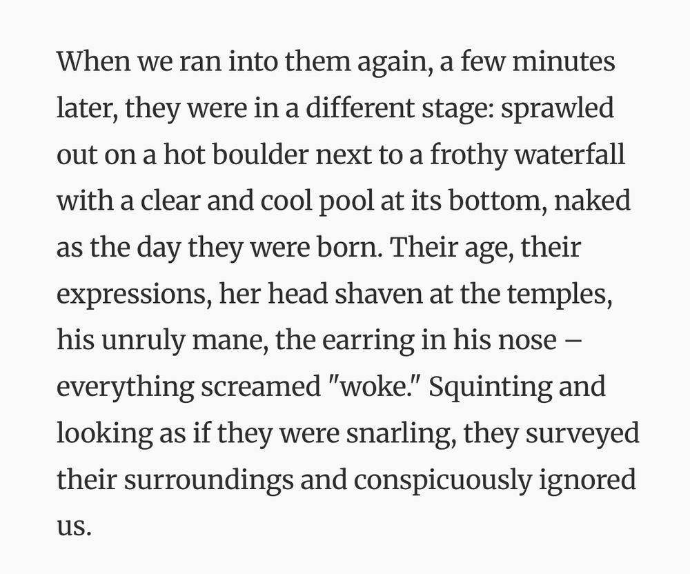 When we ran into them again, a few minutes later, they were in a different stage: sprawled out on a hot boulder next to a frothy waterfall with a clear and cool pool at its bottom, naked as the day they were born. Their age, their expressions, her head shaven at the temples, his unruly mane, the earring in his nose – everything screamed "woke." Squinting and looking as if they were snarling, they surveyed their surroundings and conspicuously ignored us.