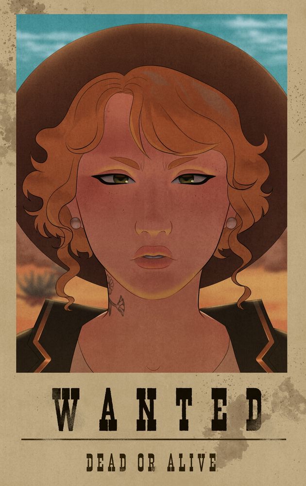 Illustration of a white blonde woman with short blonde hair, wearing a cowboy hat and pearl earrings. It's framed in a old west wanted poster.