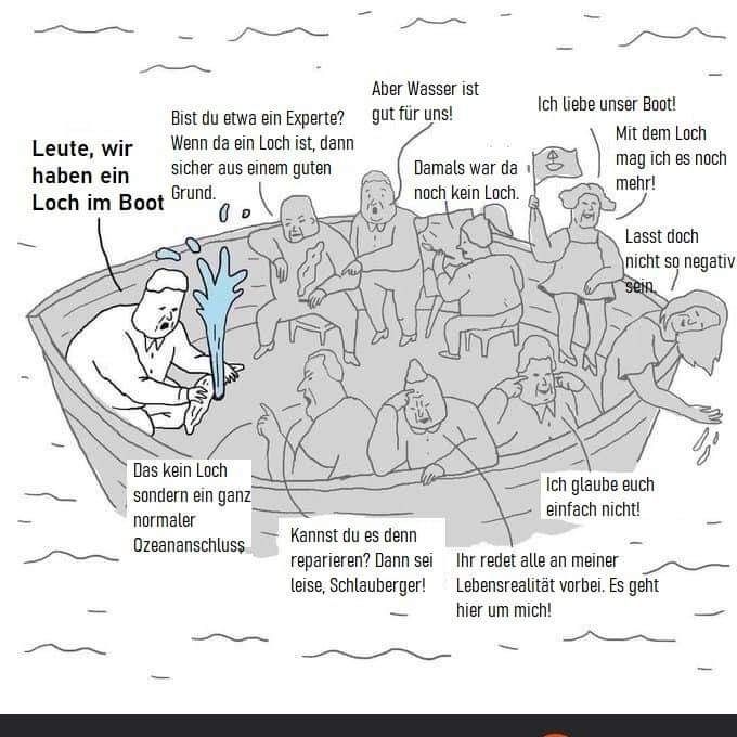 Cartoon eines sinkenden Schiffs mit vielen darüber diskutierenden Menschen.