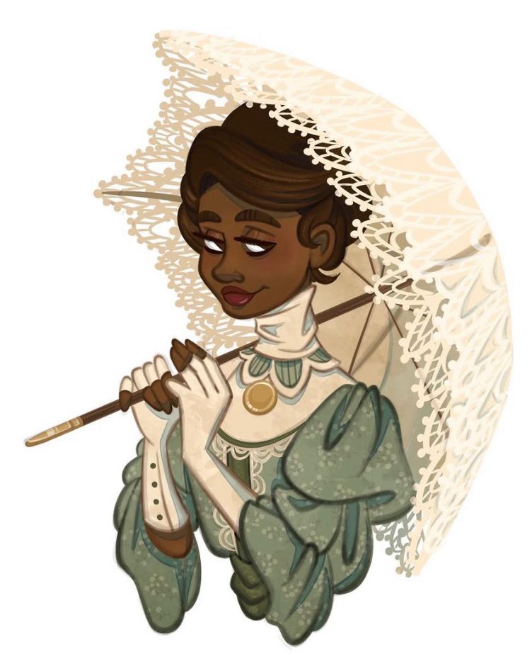 Illustration portrait of a smiling, dark haired, dark skinned Victorian woman with a lace umbrella, finger gloves, a high collar, and a soft green layered sleeve dress.