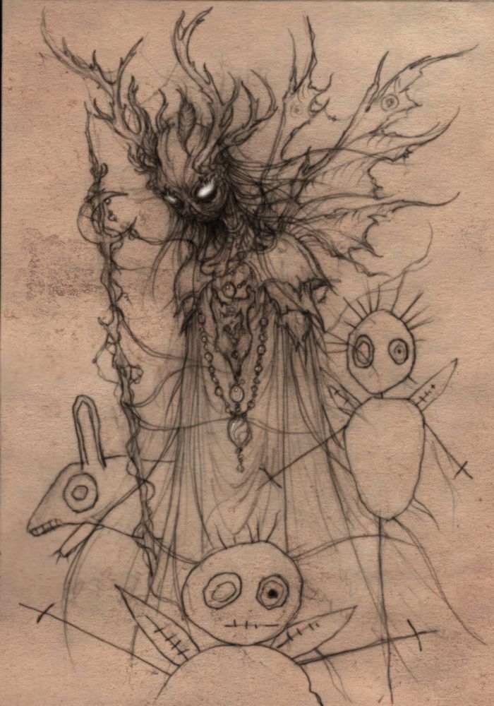 Strange fey creature flanked by drawings done by the hand of a child.
