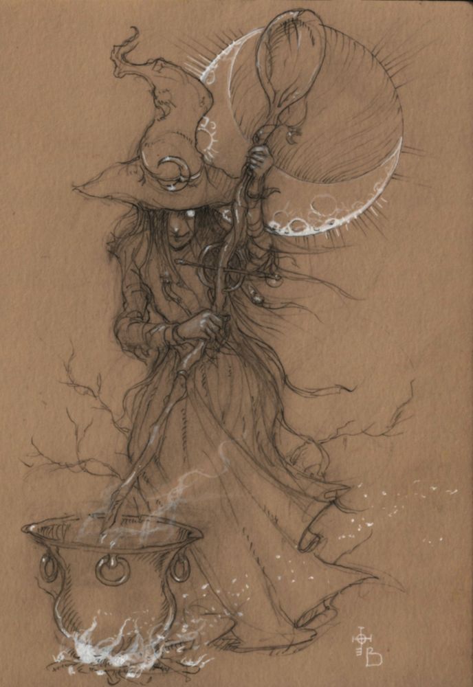 Witch with a runic spoon stirs the contents of a cauldron under the moon. Pencil, paint and chalk on toned paper.