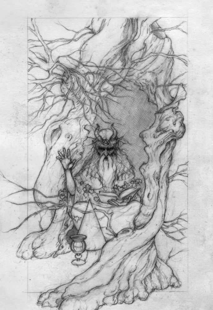 Drawing of a horned Merlin dwelling in the hollow bole of a tree with wine goblet and book.