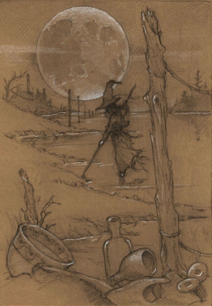 Pencil drawing with chalk on toned paper. A witch mudlarking by moonlight with her finds in the foreground.