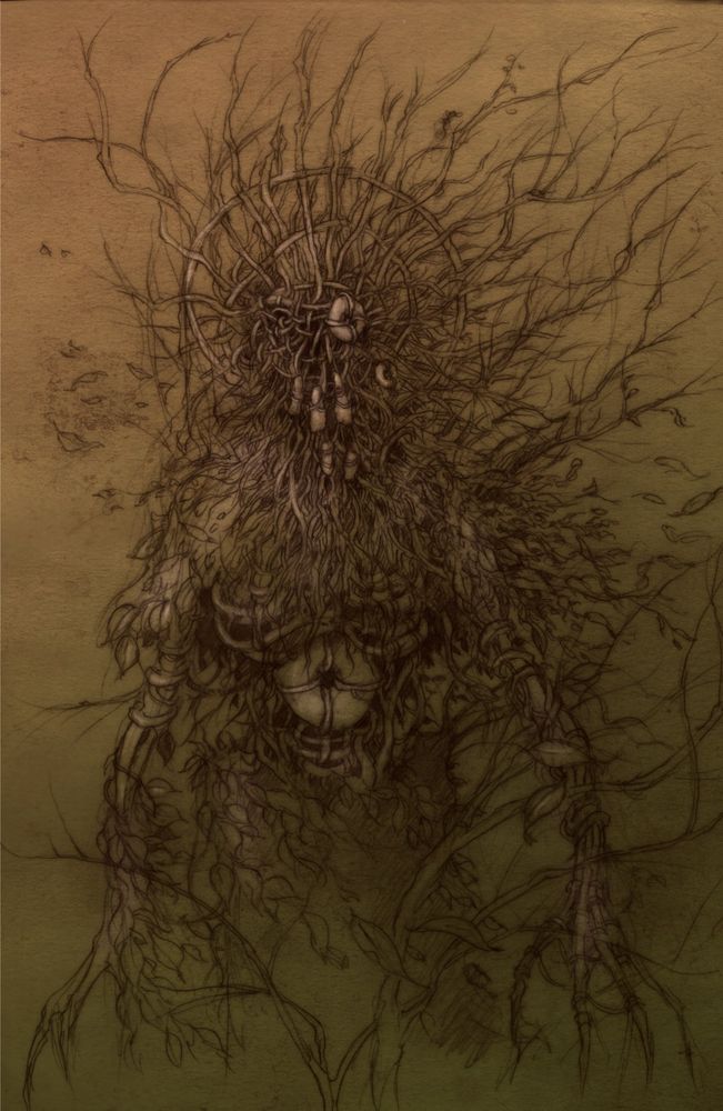 A fearsome figure formed of woven willow and hollow stones. Pencil  drawing of the.