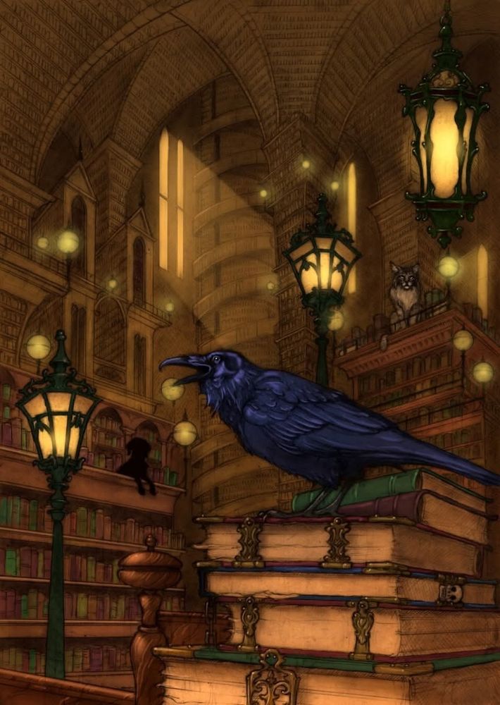 Raven, perched on a pile of very old books in a gothic library of epic scale.