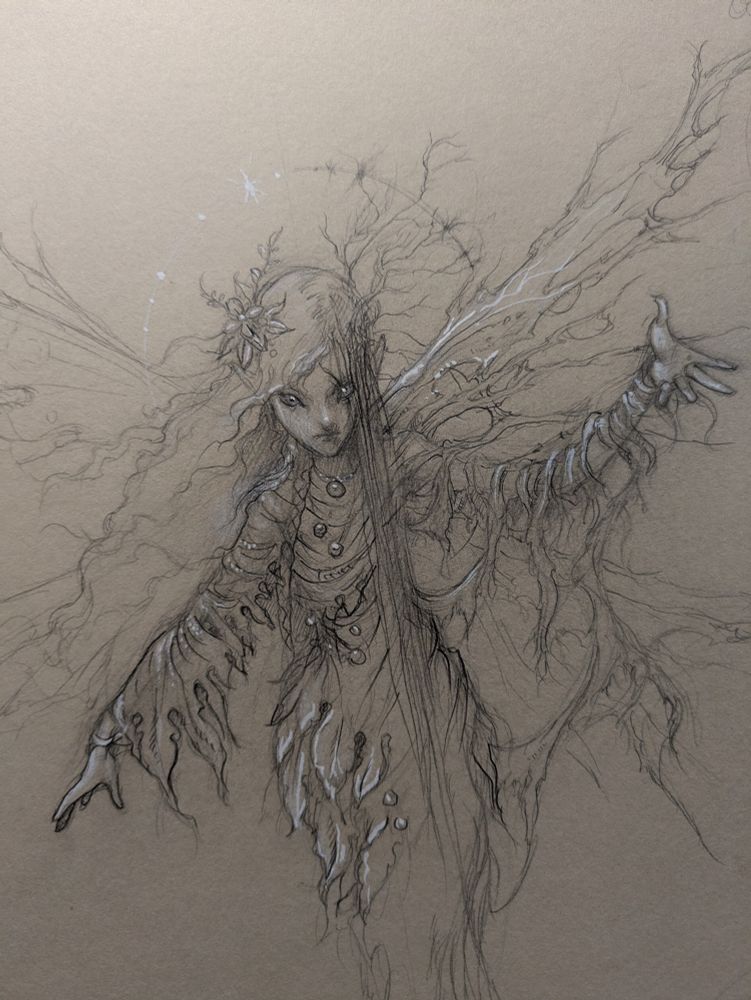 Drawing of fey creature with wings. More unseelie on the left side than on the right.