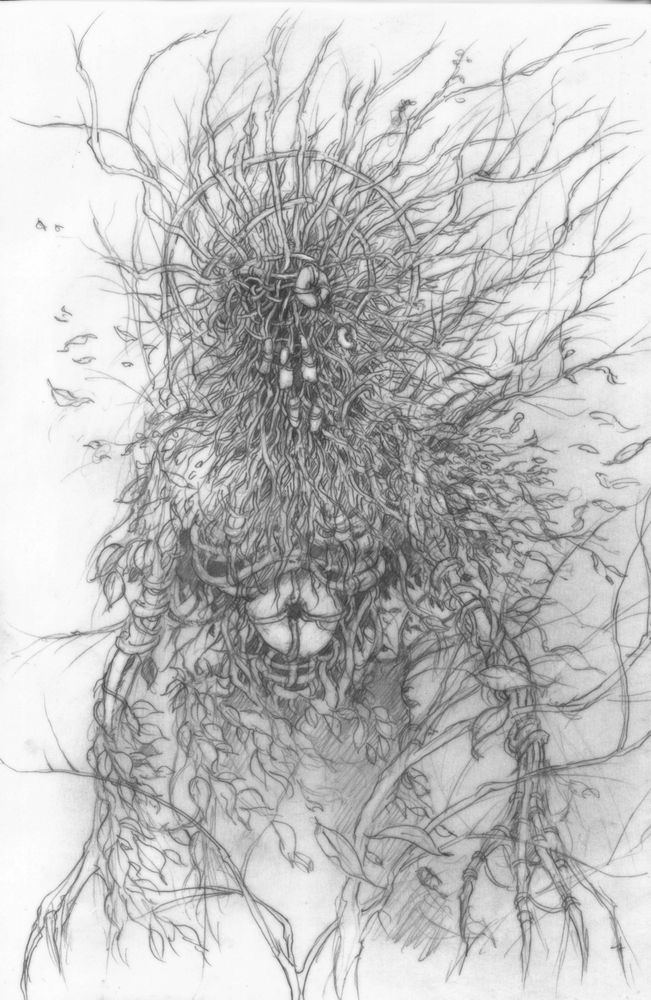Pencil drawing. A frightening human figure formed of woven willow and stones.