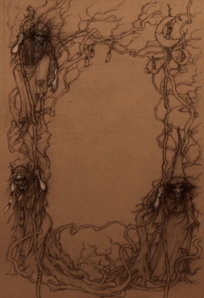 A pencil drawn border of twisted trees and branches with witches perched and placed.