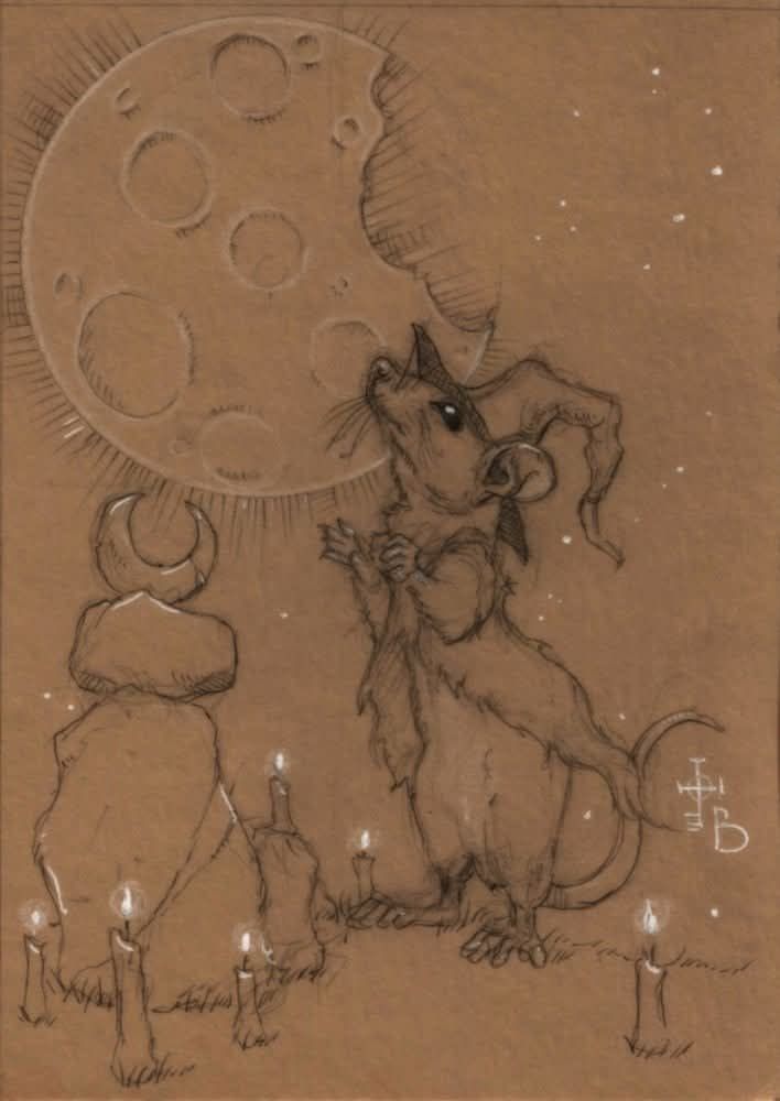 Moonwitc with altar worshipping a cheese like moon. 