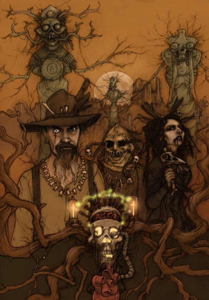 Strange figures in garb of a mythologised american South. In the background unsettling effigies, in the foreground, a skull, animated and electrified by retro technology and magical artifacts.
