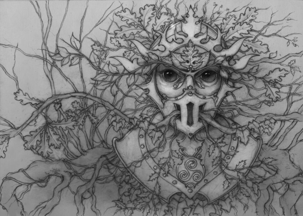Pencil drawing of a  heavily ornamented Knight helmet semi occupied by the eyes of a green Knight, visible through the visor. Everywhere else, branches and greenery emerge. 