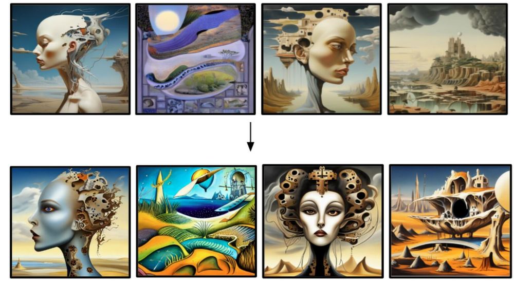 En haut : images issues du jeu de données d'images surréalistes, remémorées par le sujet dans l'IRMf. En bas : images reconstruites par le modèle IRMf-to-Image, basé sur les données cérébrales associées à la remémoration des images précédentes. 
