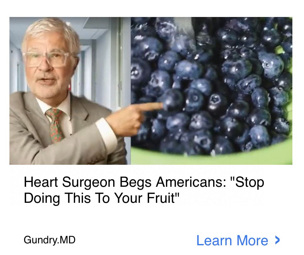 weird spam ad of an older man pointing at a bowl of blueberries that says “heart surgeon begs americans: stop doing this to your fruit”