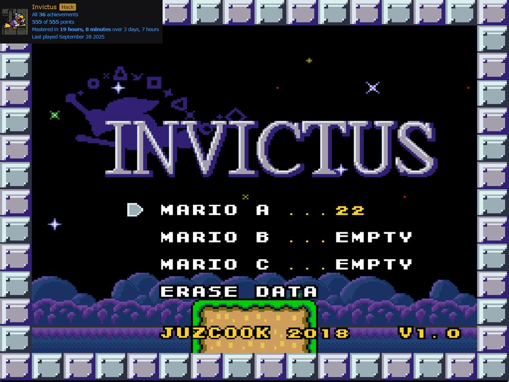 invictus' title screen with all 22 exits unlocked, and a MASTERY time of 19 hours. good hack btw