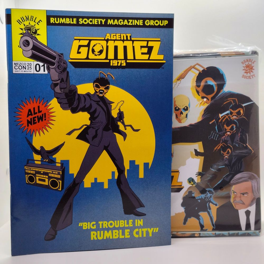 Mezco Agent Gomez packaging and comic book