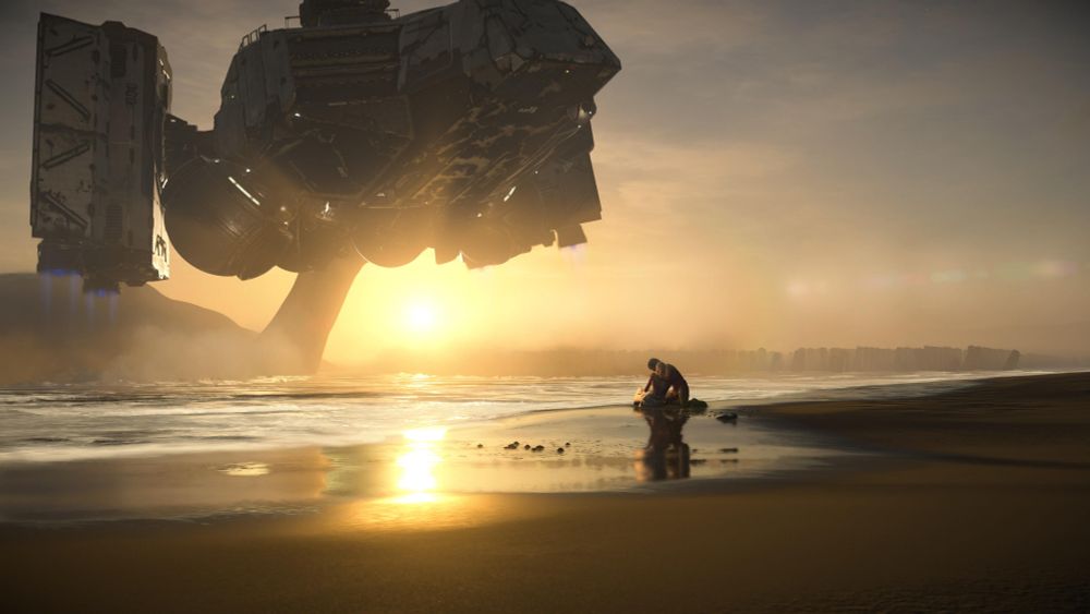 Game screenshot: The DHV Magellan lands on a beach as the sun sets. Two people hold each other in the sand
