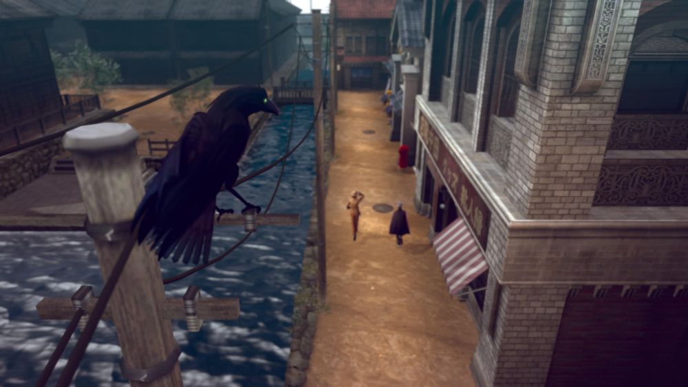 Narumi and Raido running down a road while a crow watches from a telephone pole