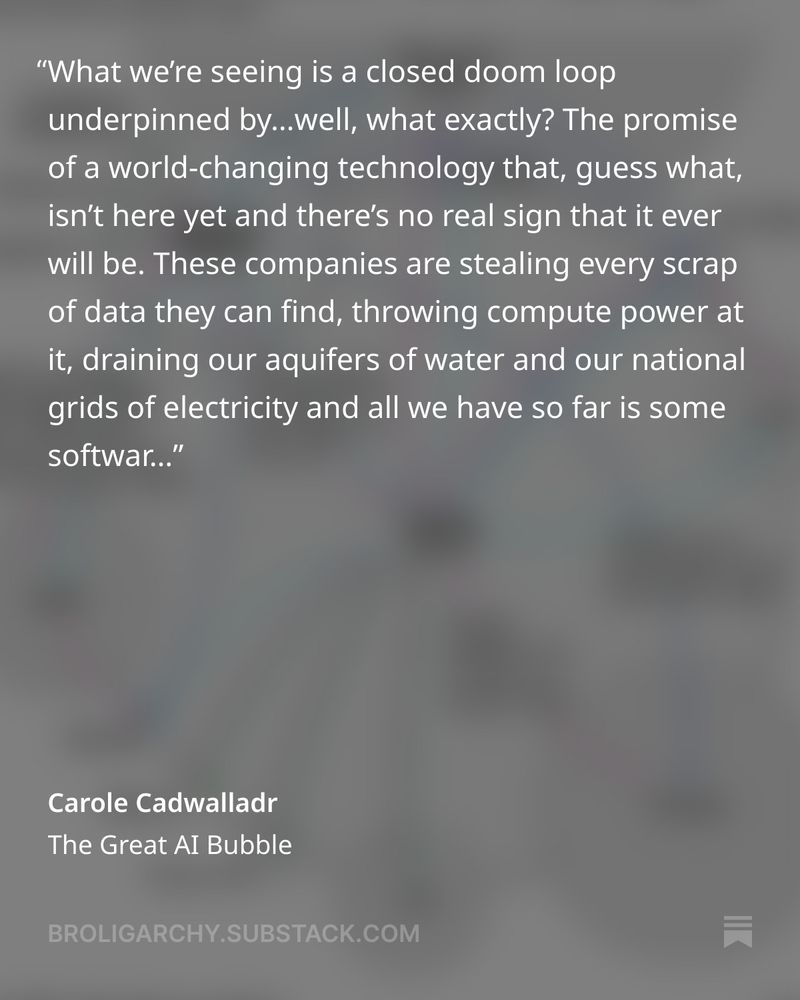 "What we’re seeing is a closed doom loop underpinned by…well, what exactly? The promise of a world-changing technology that, guess what, isn’t here yet and there’s no real sign that it ever will be. These companies are stealing every scrap of data they can find, throwing compute power at it, draining our aquifers of water and our national grids of electricity and all we have so far is some software that you can’t trust not to make things up."
From: https://broligarchy.substack.com/p/the-great-ai-bubble