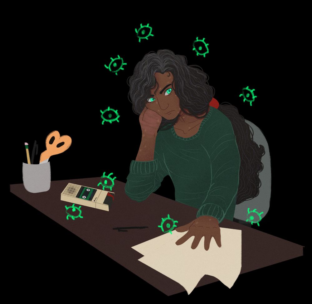 Drawing of Jonathan Sims, the main character of The Magnus Archives. He is a darker skinned man with unnaturally glowing green eyes, and long, curly, greying-black hair tied back in a loose ponytail. he's wearing a dark green sweater. he is sitting leaned over his desk, using his hand to prop his head up. he is looking off to the right with a concerned expression on his face, his hand over a small stack of loose documents. there are several cartoonish green eyes floating around him, and a tape recorder laying next to him 