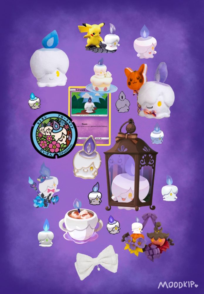 A collage of Litwick images, some from the video games and some of real world objects such as plushies, figures, a card, and a manhole cover, on a cloudy purple background.