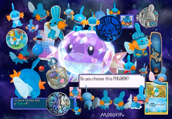 A collage of Mudkip images on a dark blue and purple galaxy background. There is a shiny tera Mudkip at the center. Surrounding it there are pictures of real world objects like Mudkip pins, coins, cards, plushies, the skateboard, figures, and so on. There are also images of Mudkip from the anime and games. 