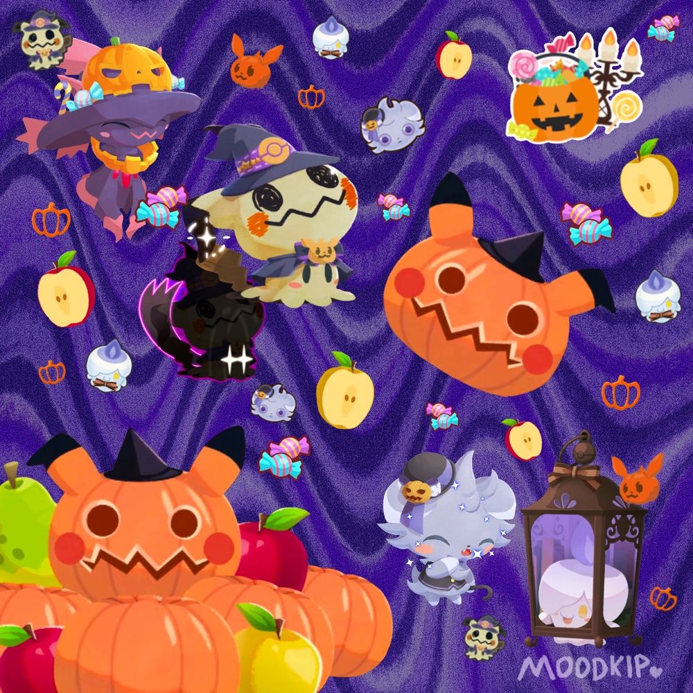 A collage of Halloween images from the game Pokemon Cafe Remix on a swirly purple background. Mimikyu, Mismagius, Litwick, and Espurr are shown in their cute Halloween costumes. There are Pikachu Jack o Lanterns, apples, and candy icons floating around between the Pokemon. 