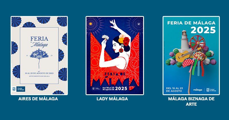Los tres carteles finalistas del concurso de la Feria de Málaga.

Un cartel bitono blanco y azul que recuerda a una servilleta, en el que se mezcla un abanico, una biznaga y un amasijo de edificios singulares de la ciudad.

Otro cartel de una chica con gesto de bailar algo regional, otra biznaga, y se ve parte del vestido al que se le ha forzado una V invertida para que recuerde a la parte superior de una M.

El tercero es una infografía 3D, en plan maqueta/recortable, de muy mala calidad. Inspirada (TAMBIÉN) en una biznaga, pero que parece un palo con cosas encima pegadas