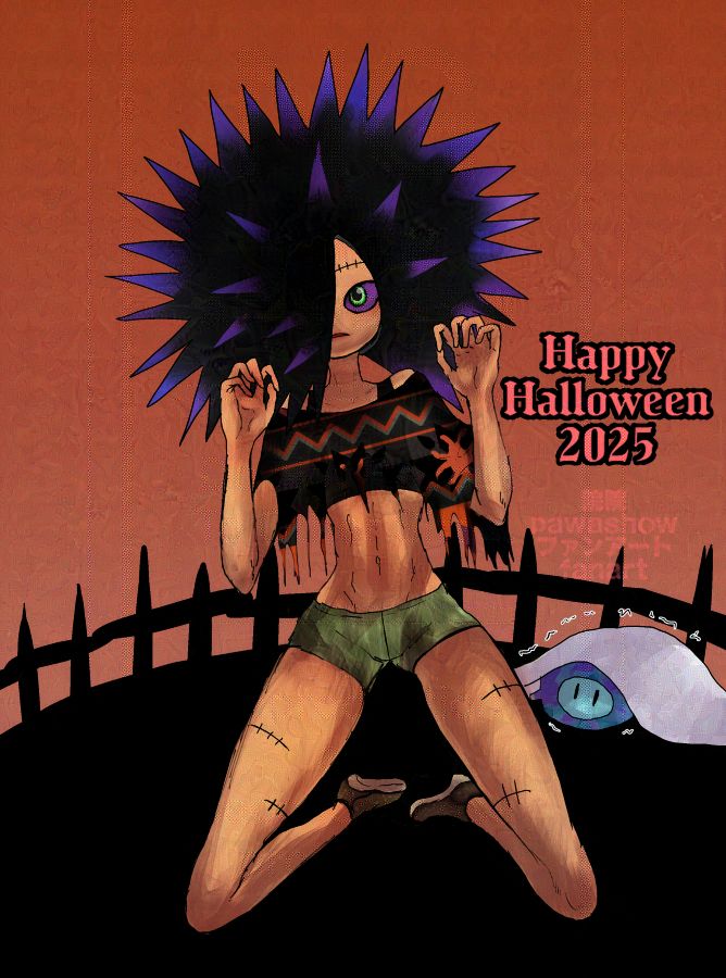 スプラトゥーンのダウニーがデフォ服を改造したものを着て仮装しているファンアート、ボディペイントなし版
スーパーサザエが後ろで震えている