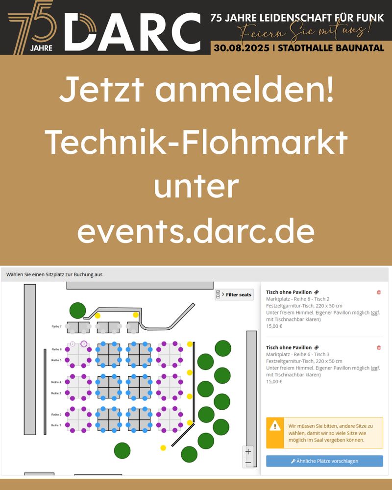 Plakat Technik-Flohmarkt mit dem Text: Jetzt anmelden! Technik-Flohmarkt unter events.darc.de.