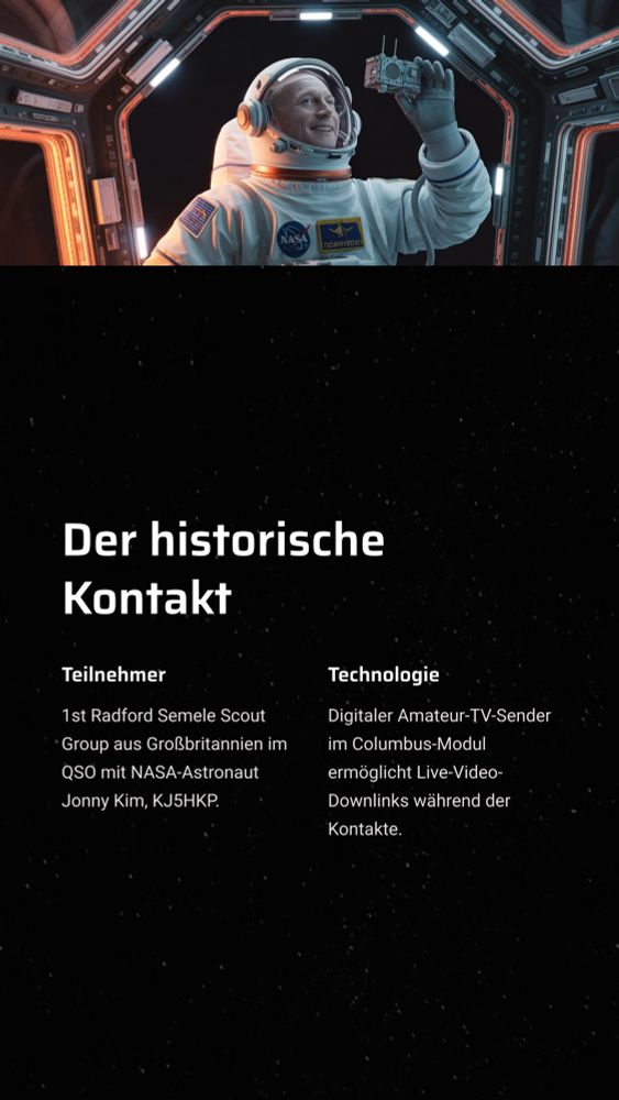 Detailaufnahme eines lächelnden NASA-Astronauten in einem Raumanzug (Jonny Kim, KJ5HKP) in der ISS, der ein kleines Modul hält. Der Text darunter beschreibt den historischen Kontakt: Teilnehmer (1st Radford Semele Scout Group und NASA-Astronaut Jonny Kim, KJ5HKP) und Technologie (Digitaler Amateur-TV-Sender im Columbus-Modul).