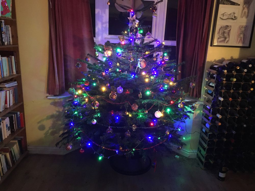 A very brightly lit Christmas tree adorned with multifarious baubles! 