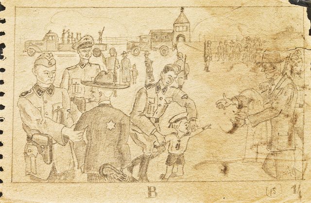 A sad and terrible scene sketched by a person, whose name is lost to time and anonymous. This scene would have been outside the main gate of the Birkenau subcamp of Auschwitz, maybe in 1943, before the main gate had been completed, and there was not yet a rail spur thru the gate, which was added in 1944.