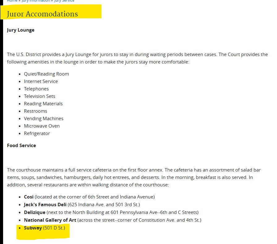 DC Federal Court jury accommodations page, suggesting eating at Subway