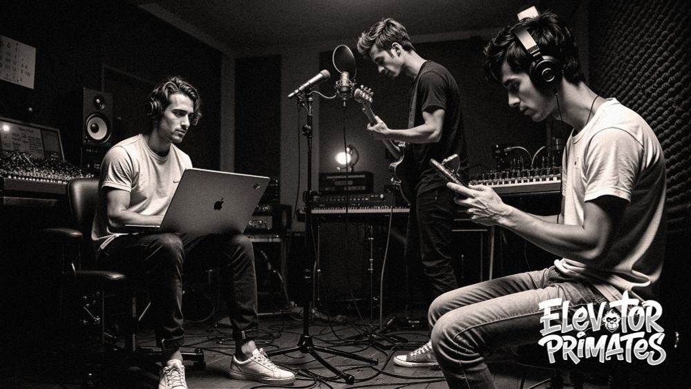 Black-and-white studio photo of Riley using a laptop, Ashton recording vocals while playing guitar, and Zeke checking the Lyrics on his smartphone.