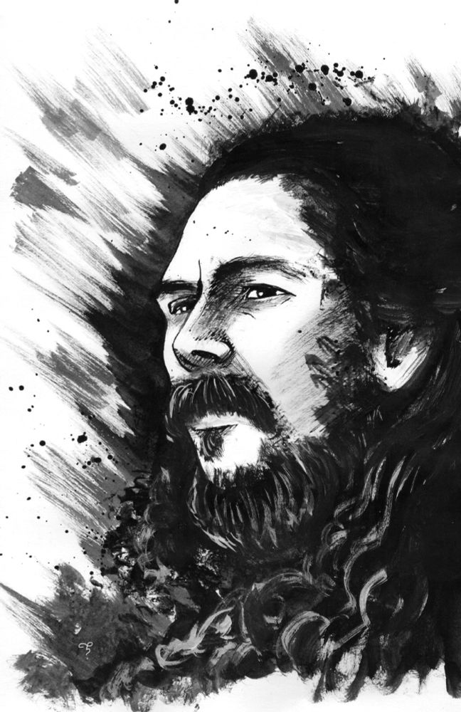 An ink portrait of John Silver from Black Sails. It's done in a mostly-realistic style, with bold splotches of black ink here and there. Messy but that's the style. The author wants you to know she appreciates you spending time with her work.