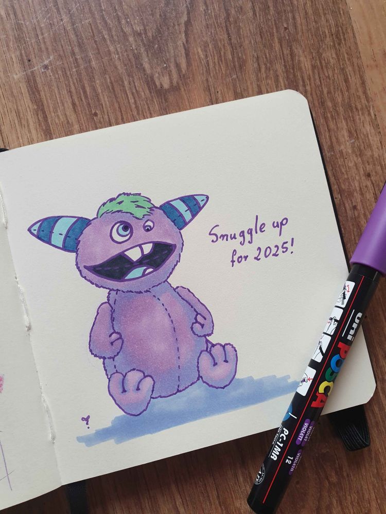 A marker drawing of Snuggles from Essentials comic. He's seen from front, sitting on his fluffy backside, grinning manically as he always does. The whole piece is done in a sketchbook, which is clearly visible in the photo, laid out on wooden boards with a posca marker on the side.