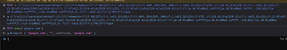 Mesmo código no console do firefox, agora com um array como resultado da expressão "TEST.exec('google.com')"