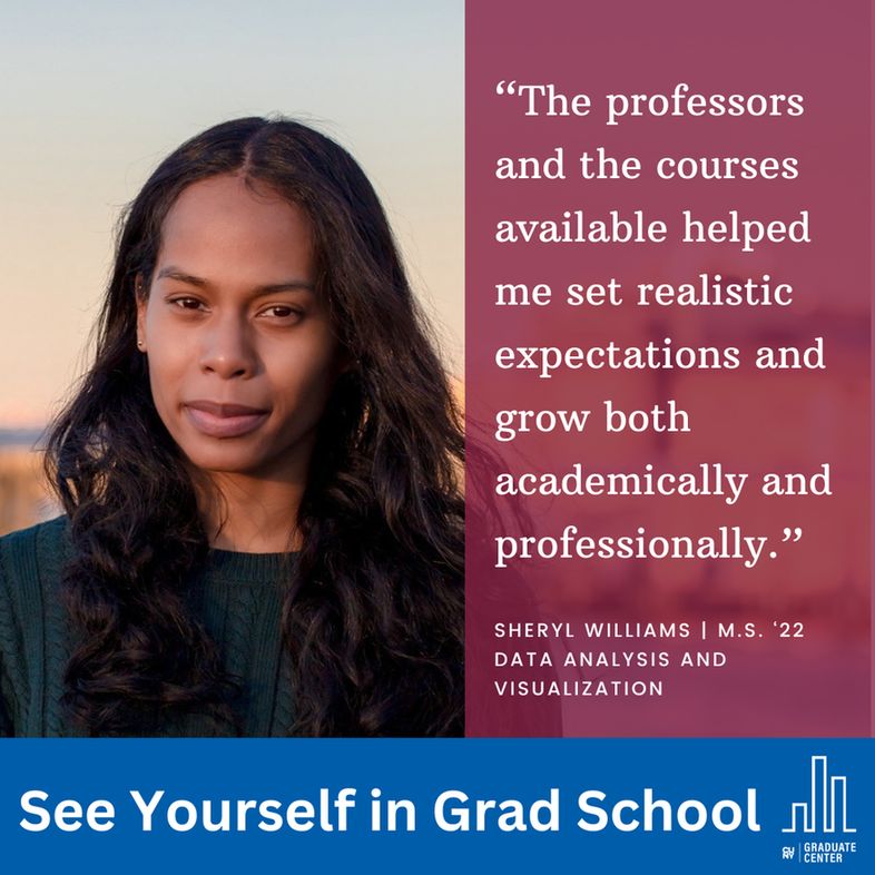 “The professors and the courses available helped me set realistic expectations and grow both academically and professionally.”
Sheryl Williams | M.S. ‘22
Data Analysis and Visualization