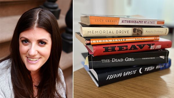 Tahneer Oksman and a stack of books 