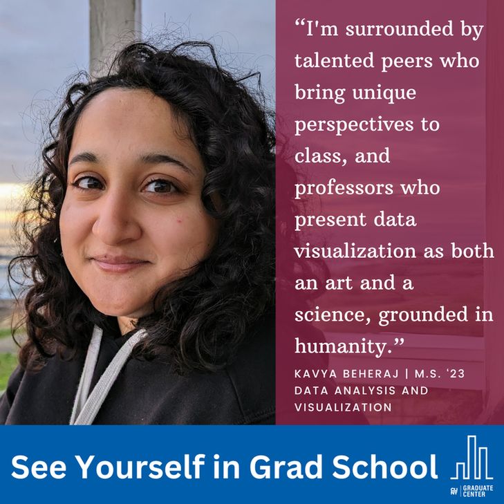 “I'm surrounded by talented peers who bring unique perspectives to class, and professors who present data visualization as both an art and a science, grounded in humanity.”
Kavya Beheraj | M.S. ‘23
Data Analysis and Visualization