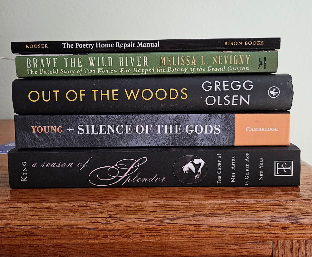 Stack of books on wooden surface.
