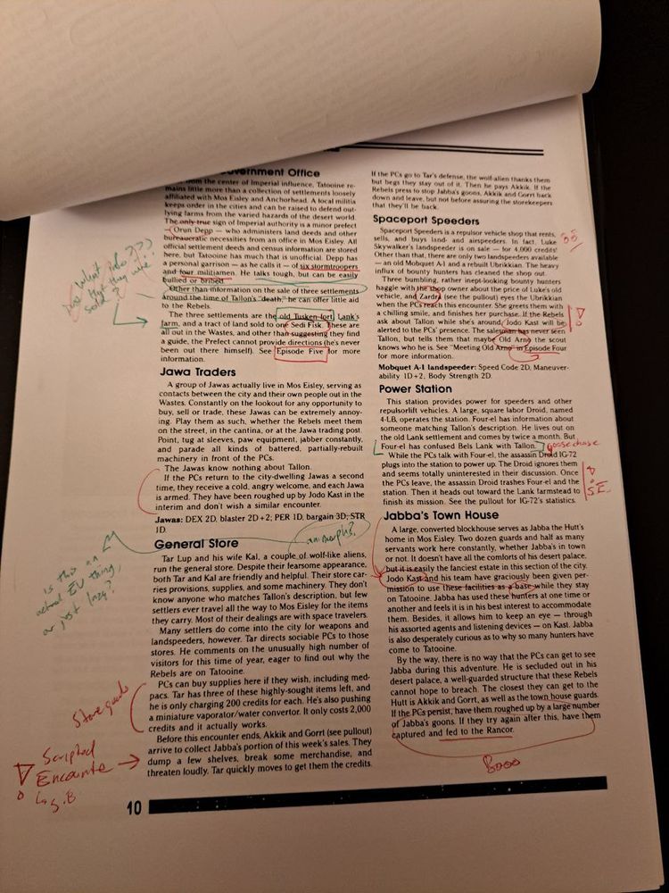 pg. 10 of Tatooine Manhunt, with multi-colored pen markings on it, including, "Is this an actual EU thing, or just lazy?", "Scripted Encounter!", and "Boooo."