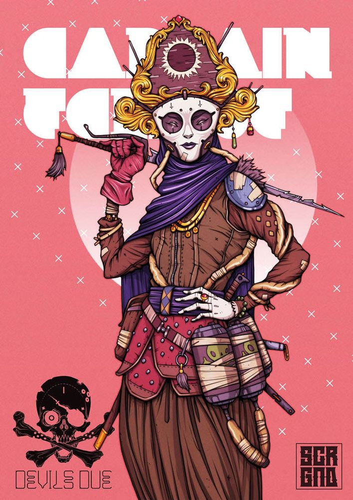 Illustration of Captain Eclipse, a lady space pirate in a sci-fi Venetian Dama mask depicting a solar eclipse, purple accented colors, and a sword over her shoulder.