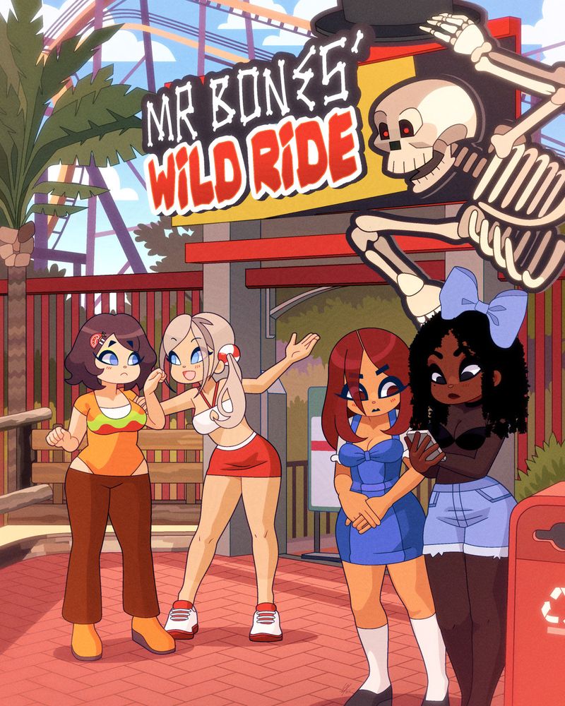 My characters (from left to right) Karin, Liliana, Siân and Peppi standing in front of the entrance to Mr Bones' Wild Ride. Lili seems eager, but the rest look apprehensive.
